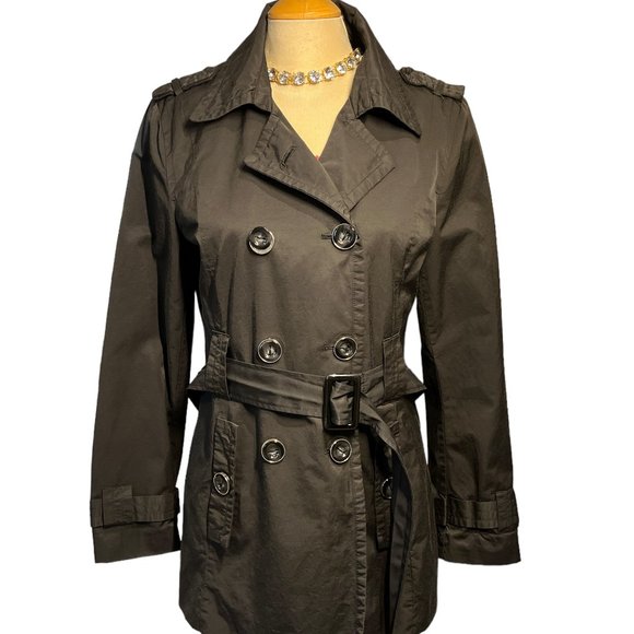 PELLE STUDIO Double Breasted Trench Coat Size Large Black Lined Big Pockets - Picture 1 of 14